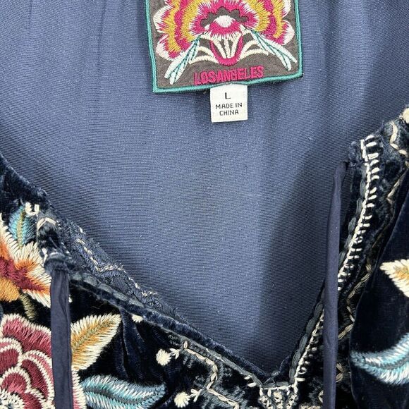 Johnny Was Eleni Velvet Pheasant Top Blouse Floral Embroidered Large Black Blue - Picture 3 of 5
